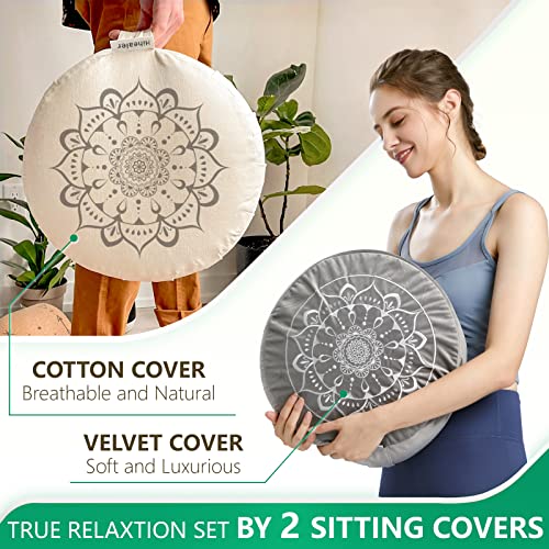 Hihealer Meditation Cushion - Large Velvet Zafu Floor Pillow for Adults and Women - Comfortable Yoga Pillow with Traditional Tibetan Buckwheat Filling for Meditation and Relaxation