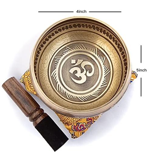 Tibetan Singing Bowl Set Bronze - Master Healing Grade - Pure Tone With Tibetan Thangka Art By Himalayan Bazaar (Gold & Yellow)