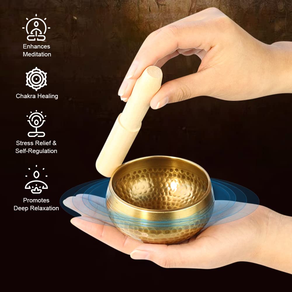 YouMedi Tibetan Singing Bowl Set - Meditation Sound Bowl Cushion with Wooden Striker for Yoga, Meditation & Relaxation, Mindfulness,Chakra Healing, Stress Relief, Self-Regulation (3 inch)