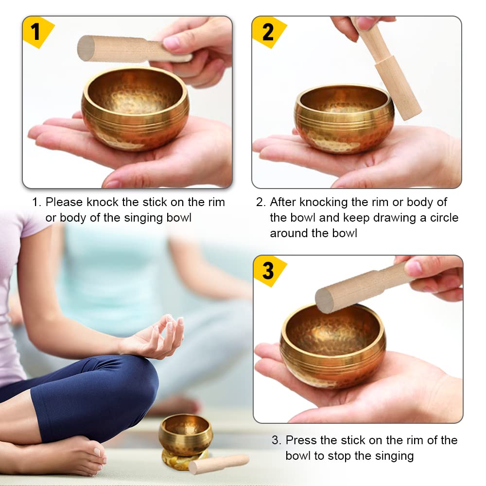 YouMedi Tibetan Singing Bowl Set - Meditation Sound Bowl Cushion with Wooden Striker for Yoga, Meditation & Relaxation, Mindfulness,Chakra Healing, Stress Relief, Self-Regulation (3 inch)