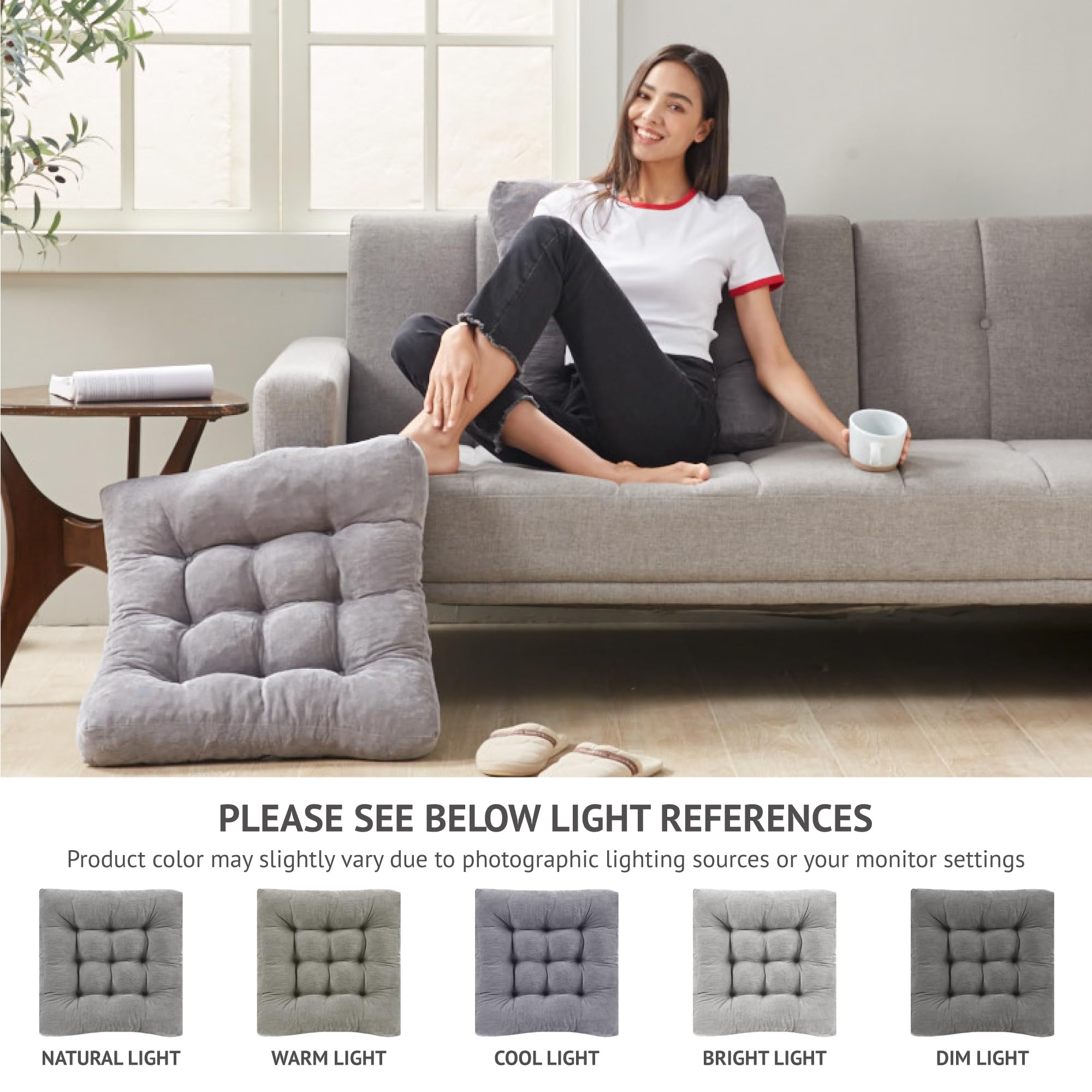 Meditation Floor Pillow Set of 2, Square Large Pillows Seating for Adults, Tufted Corduroy Floor Cushion for Tatami Living Room, Grey, 22x22 Inch