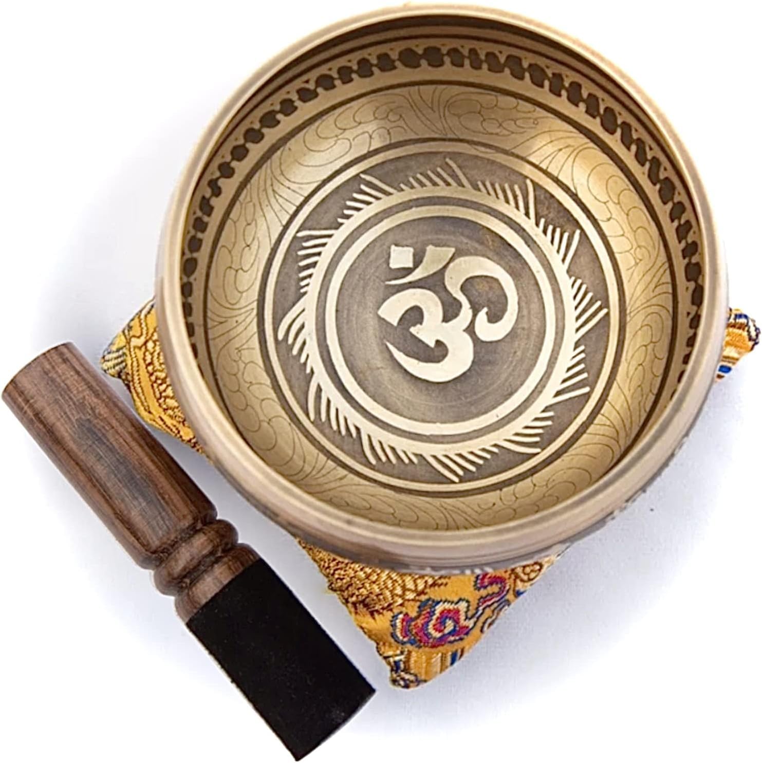 Tibetan Singing Bowl Set Bronze - Master Healing Grade - Pure Tone With Tibetan Thangka Art By Himalayan Bazaar (Gold & Yellow)