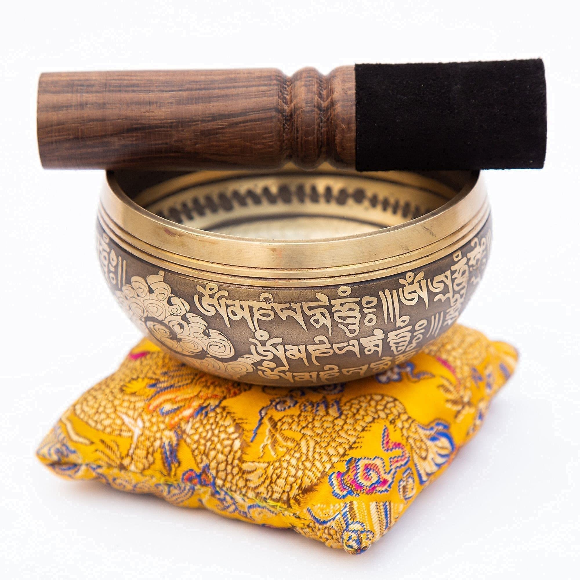 Tibetan Singing Bowl Set Bronze - Master Healing Grade - Pure Tone With Tibetan Thangka Art By Himalayan Bazaar (Gold & Yellow)