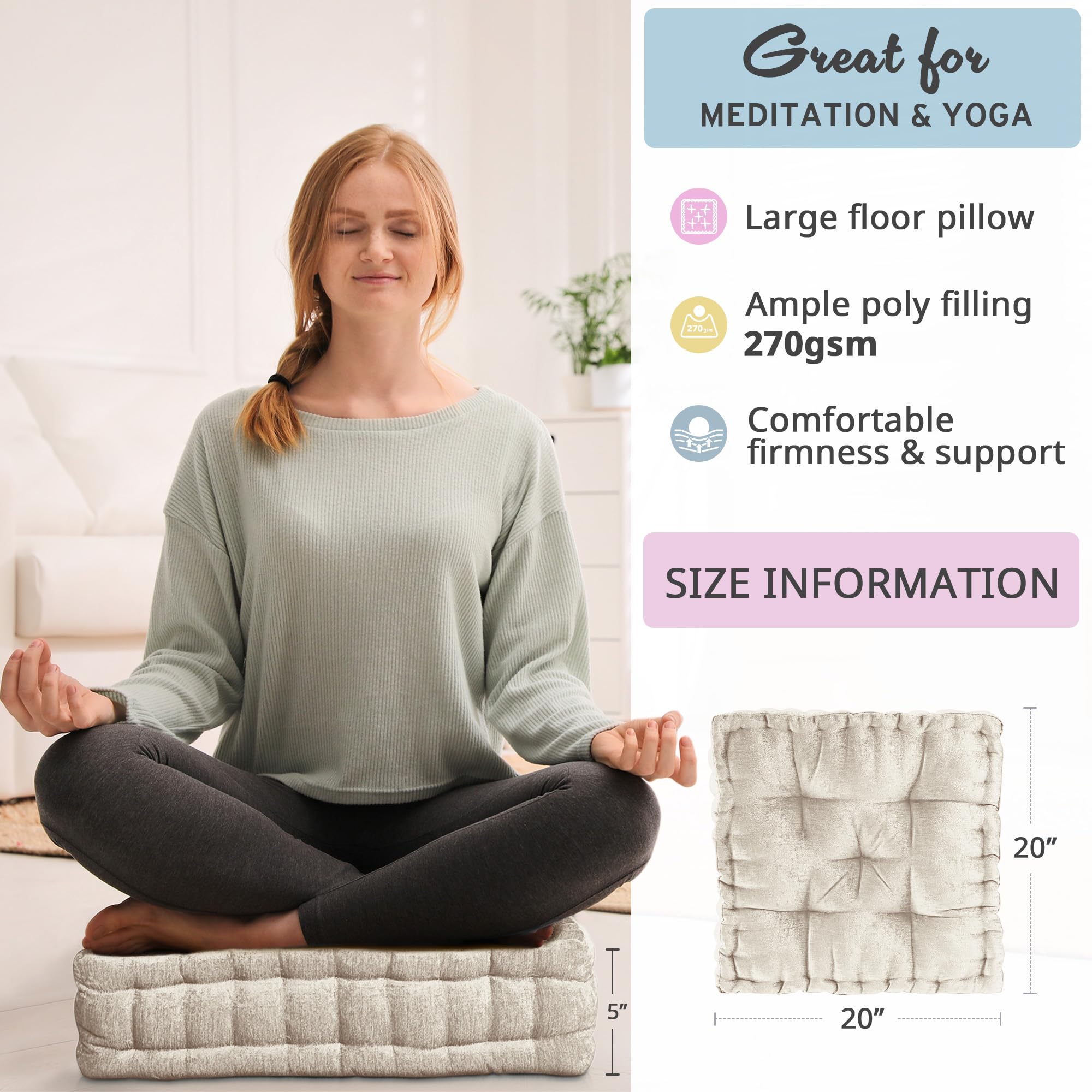 Intelligent Design Azza Floor Pillow, Large Cushions Sitting for Adults, Floor Pillow for Meditation or Yoga, Lustrous Chenille Tufted with Scalloped Edges for Bench/Chair Cushion, 20"x20"x5" Ivory