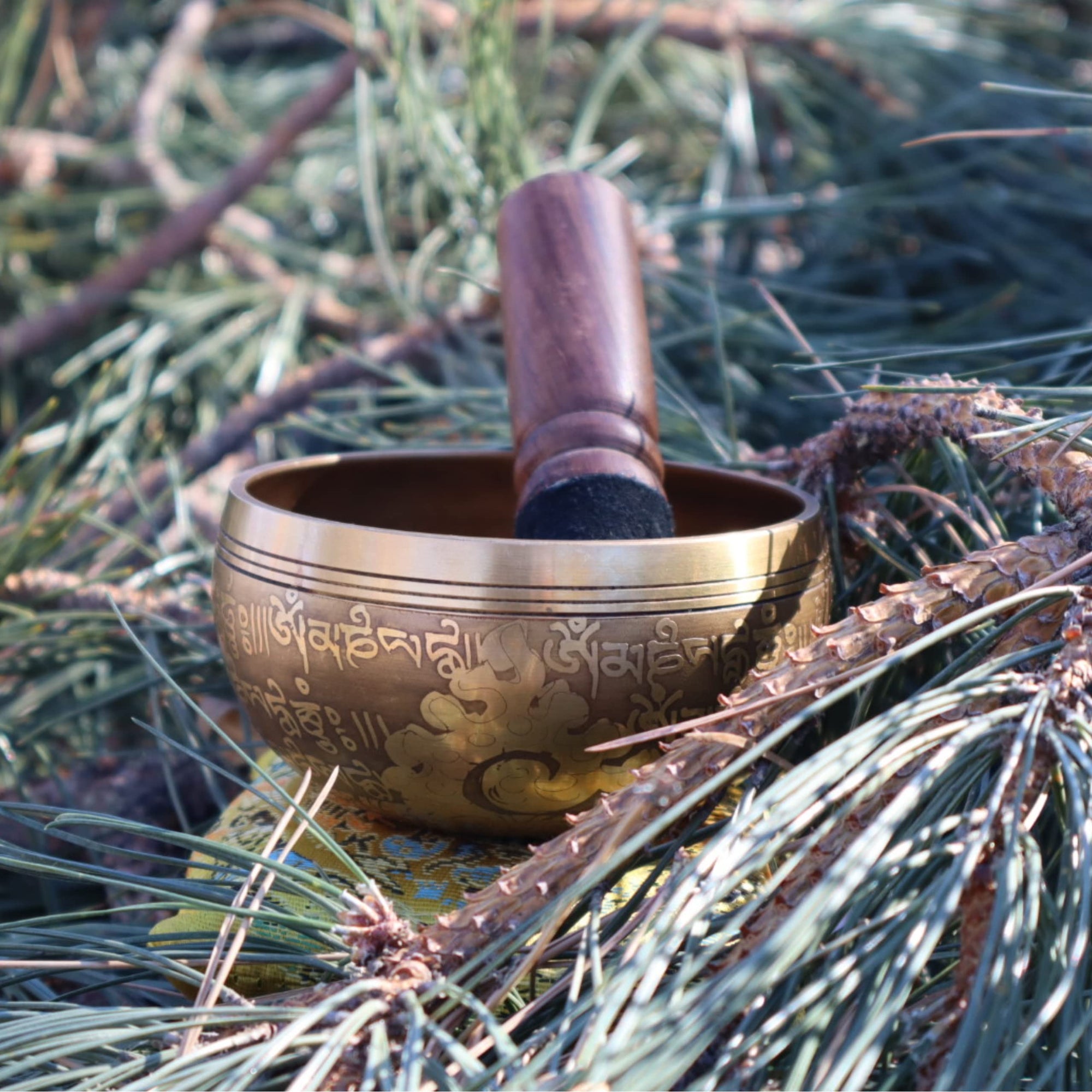 Tibetan Singing Bowl Set Bronze - Master Healing Grade - Pure Tone With Tibetan Thangka Art By Himalayan Bazaar (Gold & Yellow)